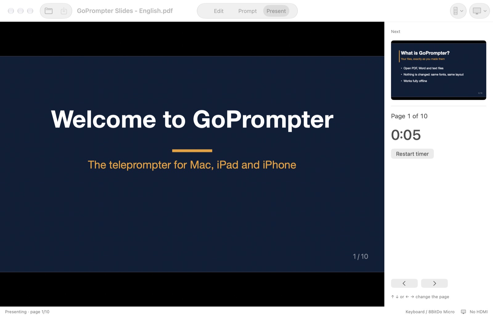 Present mode with the current slide, the next slide and a timer