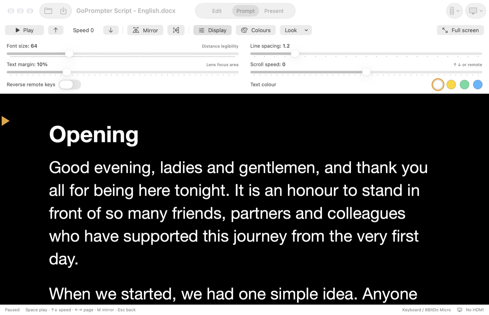 GoPrompter in Prompt mode, with the Display sliders for font size, line spacing, margin and speed above large white text on black